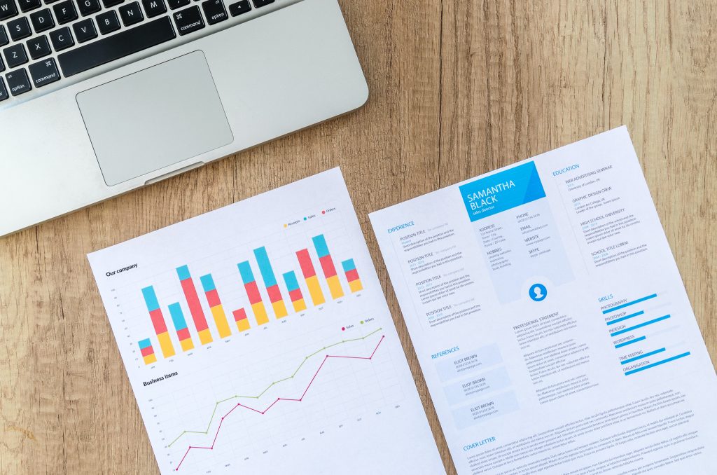 A picture of two pages that depict a report. It has two charts on it that depict generic business data.